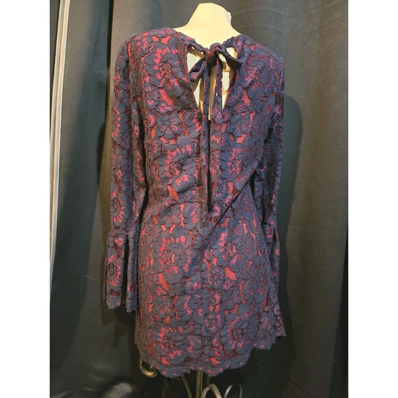 Wayf Navy Burgundy Merrick Lace Dress, Tie Back Bell Sleeve Medium - Picture 3 of 8